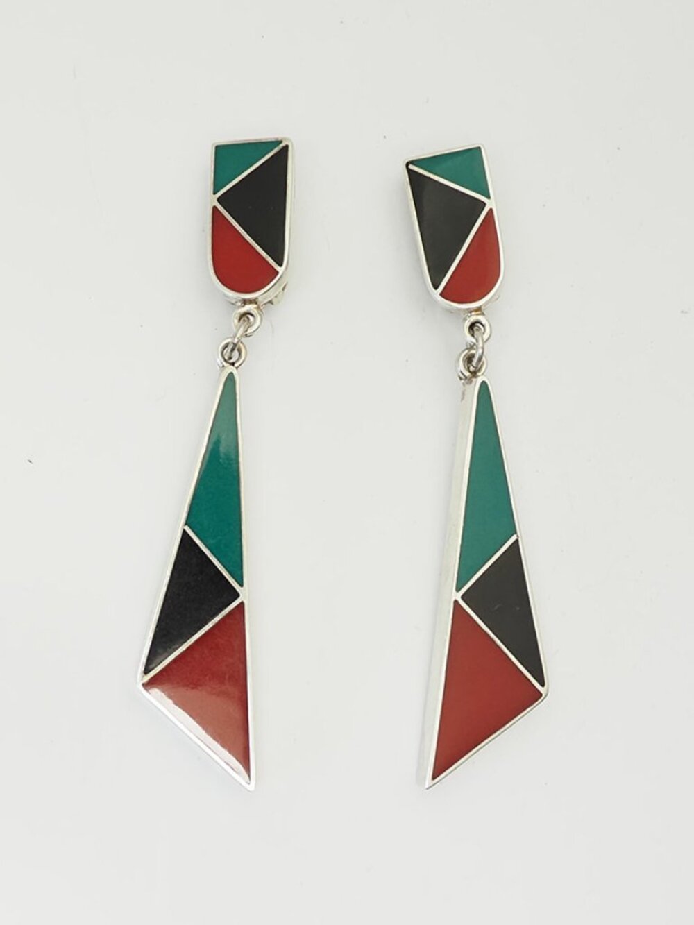 Stunning long modern sterling silver colorful enamel clip on earrings Signed